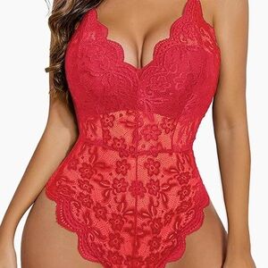 Elegant Red Lace Bodysuit